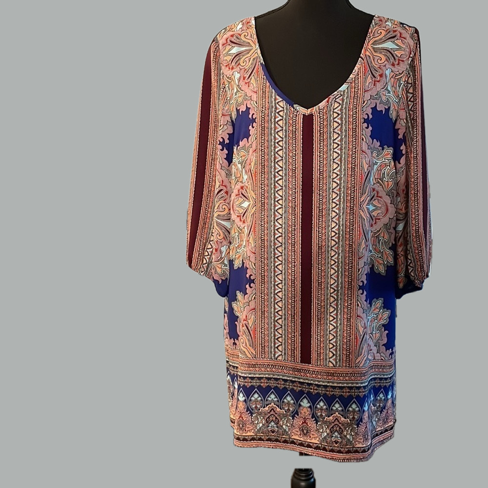 Glam MultiColored Dress Size M Geometric Print Paisley Motifs Vibrant Classic - Picture 2 of 13